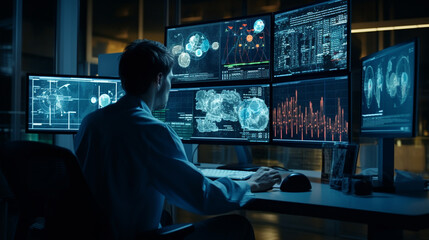 Poster -  a scientist analyzing data on a computer screen in a genetics laboratory at night, Generative AI	
