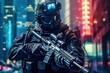 © Lubos Chlubny - Special forces soldier police a with high technology gun. Generative AI