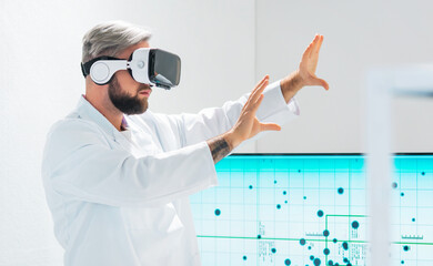 Wall Mural - genetic engineers are using virtual reality technology. professional team of scientists is working o