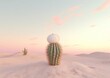 Majestic cacti: unearthly earthscape at sunrise in desert, among winding plains of sand, bathed in dreamlike sky & blanketed in ivory snow