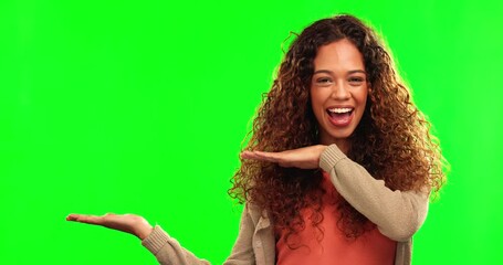 Wall Mural - Happy woman, smile and hands for advertising on green screen against a studio background. Portrait of female person showing palm for advertisement, marketing or branding on chromakey or mockup space