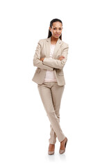 Woman in business suit, arms crossed in full body portrait with confidence isolated on transparent png background. Success, job satisfaction and career, female professional and corporate fashion