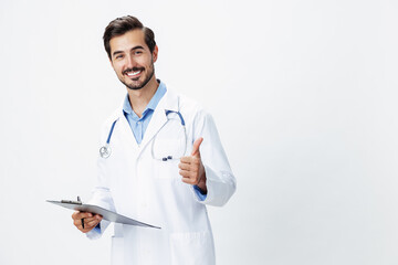 Man doctor in white coat with stethoscope and folder for notes and patient records smile and good test results look into camera on white isolated background, copy space, space for text, health