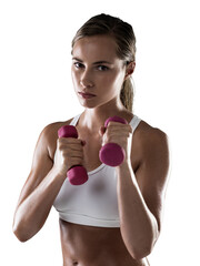 Canvas Print - Serious, woman and dumbbells for workout at gym in png or isolated or transparent background. Fitness, training and girl with exercise equipment for workout at health club, strong muscles or cardio.