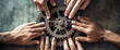 © XaMaps - Captivating image of a united team's hands joining on a gear mechanism symbolizing success, perfect collaboration, and strong emotional connection. Generative AI