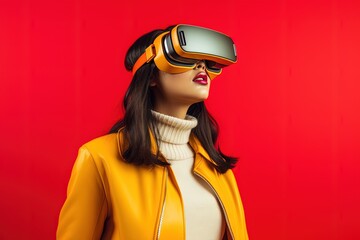 Canvas Print - beautiful asian woman wearing virtual reality goggles.Generative Ai