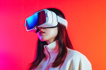 Canvas Print - beautiful asian woman wearing virtual reality goggles.Generative Ai