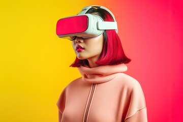 Canvas Print - beautiful asian woman wearing virtual reality goggles.Generative Ai