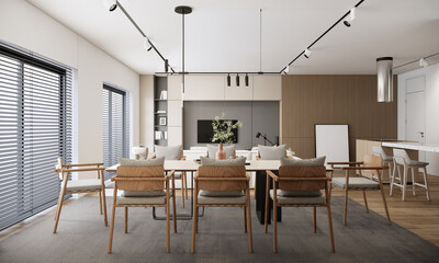 Wall Mural - 3d rendering  of dining room ideas, new modern scandinavian apartment interior design.