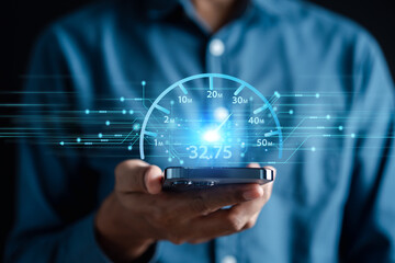 Poster - Super Fast internet connection speedtest bandwidth network technology, Man using Internet high speed by smartphone and laptop computer, 5G quality, speed optimization.