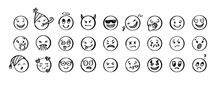 Doodle Emoji Set. Hand Drawn Sketch Vector Illustration. Pack Of Different Expressions Emoticons
