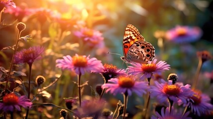 Aufkleber - Butterfly with beautiful wild flowers background, Monarch butterflies in autumn blooming asters.