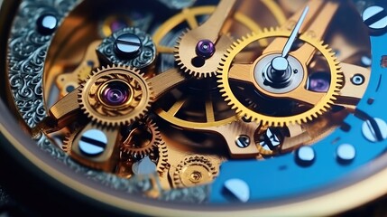 Poster - Clock mechanism with gears, Gears and cogs in clockwork watch mechanism, Craft and precision.