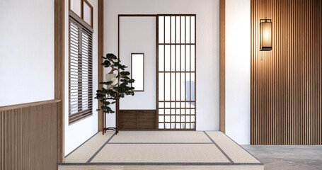 Japan style empty room decorated with white wall and wood slat wall