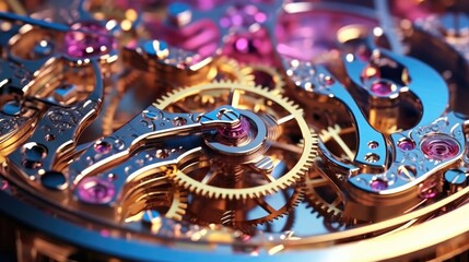 Poster - Clock mechanism with gears, Gears and cogs in clockwork watch mechanism, Craft and precision.