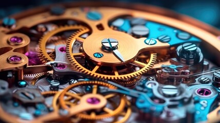 Poster - Clock mechanism with gears, Gears and cogs in clockwork watch mechanism, Craft and precision.