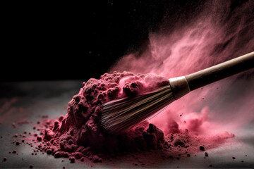 Makeup brush and crushed pink powder on dark background. makeup concept. generative AI