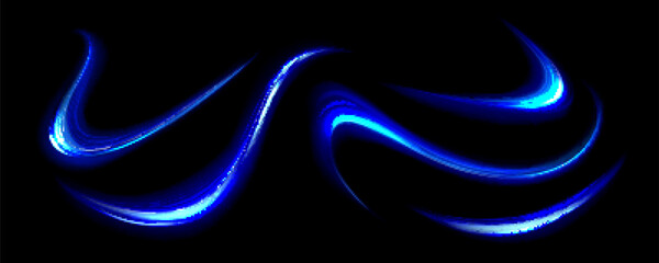 Poster - Blue light lines, effect of speed motion trails. Abstract streaks of fast flash movement, blurred neon glow at night, vector realistic set isolated on transparent background