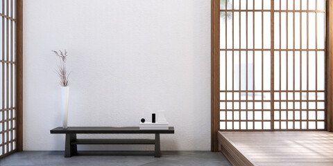 Japan style empty room decorated with white wall and wood slat wall