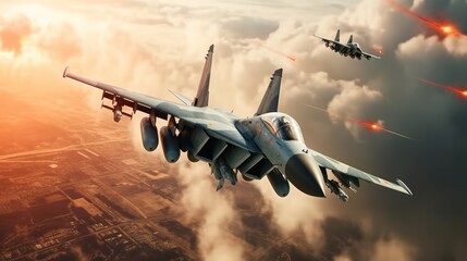 Poster - Jet fighters flying over the clouds, Fighter jets flying in a military combat zone, Bomber plane with contrails.