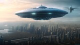 Fototapeta Big Ben - Giant alien ship over city, invasion sci fi concept.