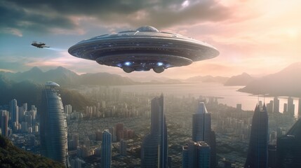 Wall Mural - Giant alien ship over city, Large flying Saucer, Visual effect element, invasion sci fi concept, Engine thrust.