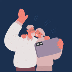 Wall Mural - Cartoon vector illustration of Photo of grandparents. Grandfather, grandmoter. Two hands holding a phone and taking a family photo.