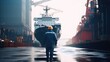 Rear view of dock workers standing in shipyard, Industry with cargo ship.