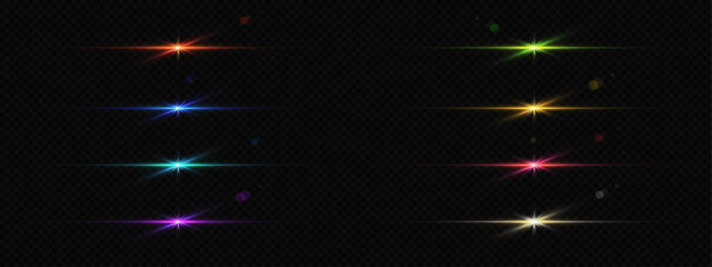 Poster - flare light line and sparkle glow vector gleam set. gold, red, pink and blue neon shine beam with fl