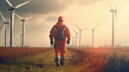 Poster - Engineer wearing uniform and helmet walking survey the land area at wind turbines farm.