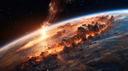 Poster - Large asteroid impacting Earth, An impact this large would result in the extinction of most all life on Earth.