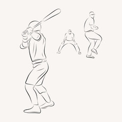 Wall Mural - Man playing Baseball line art set illustration