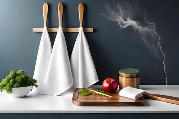 White blank cotton kitchen towel mockup for design presentation, wooden spoons and cutting board