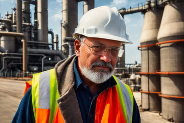 Wall Mural - Digital portrait of a senior successful confident professional Petrochemical engineer standing in a Gas storage. Concept of active age. Generative AI