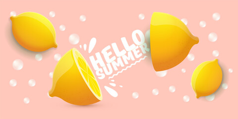 Poster - Vector Hello Summer Beach Party horizontal banner Design template with fresh lemon isolated on pink background. Hello summer concept label, flyer and poster with lemon fruit and typographic text.