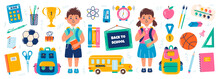 Set Of School Supplies, Schoolchildren, Concept Of Back To School. Vector Flat Illustration