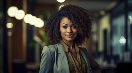 Bllack woman in a business suit standing in a confident pose. Woman's rights equality success of African-American people