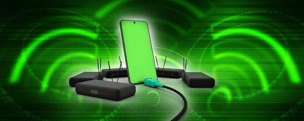 Poster - 3d rendering Transmitter WiFi with mobile phone connected aux cable