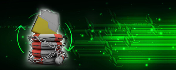 Poster - 3D rendering Yellow folder in lifebelt protection lock. Data security concept