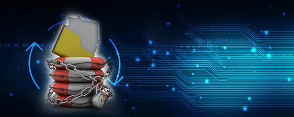 Poster - 3D rendering Yellow folder in lifebelt protection lock. Data security concept