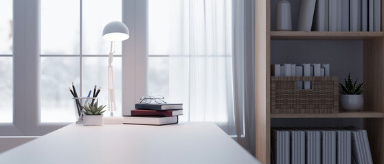 Canvas Print - copy space on a white tabletop in a modern bright office room.