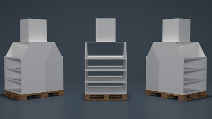Super store pallet product display shelf design 3D illustration