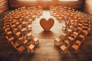 Poster - Creative composition of empty classroom with wooden chairs forming a heart shape in the center