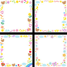Set Of Teddy Bear And Cute Pastel Doodle Frames, Banner, Sticker, Post, Wallpaper, Ad, Square Template, Decoration, Etc.