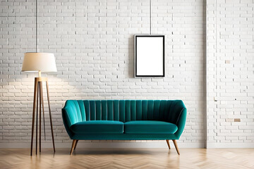 Wall Mural - An empty Polaroid frame suspended from a string against a white brick wall, complemented by a minimalist interior