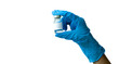© CREATIVE WONDER - doctor's hand with blue glove holding a vaccine vial on transparent background. Healthcare cure concept
