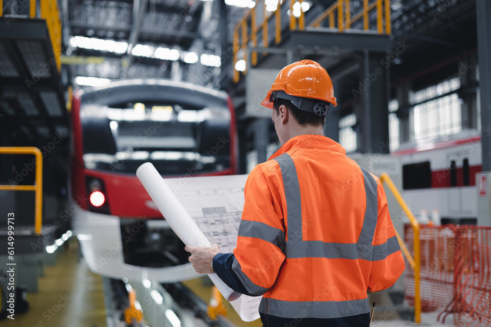 Electric train engineer mechanic staff worker with design plan for ...