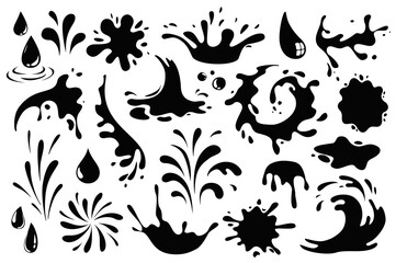 Aufkleber - Black spots and drops mega set graphic elements in flat design. Bundle of liquid paint drips splashing, wet dye prints and ink spraying of drawing grunge texture. Illustration isolated objects