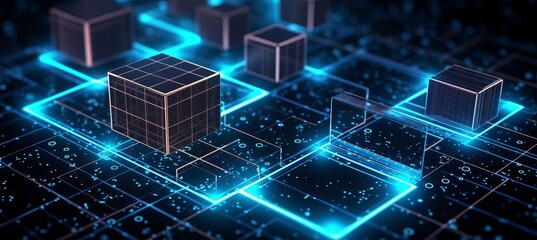 Leinwandbilder - Blue cube data network system blockchain security structure technology background. Generative AI technology.