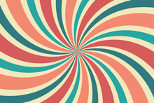 Retro Colors Spiral Background. Twisted Vintage Starburst. Curved Colorful Rays On Beige Backdrop. Rotating Lines Optical Illusion. Radial Striped Banner. Vertigo Concept. Vector Illustration  
